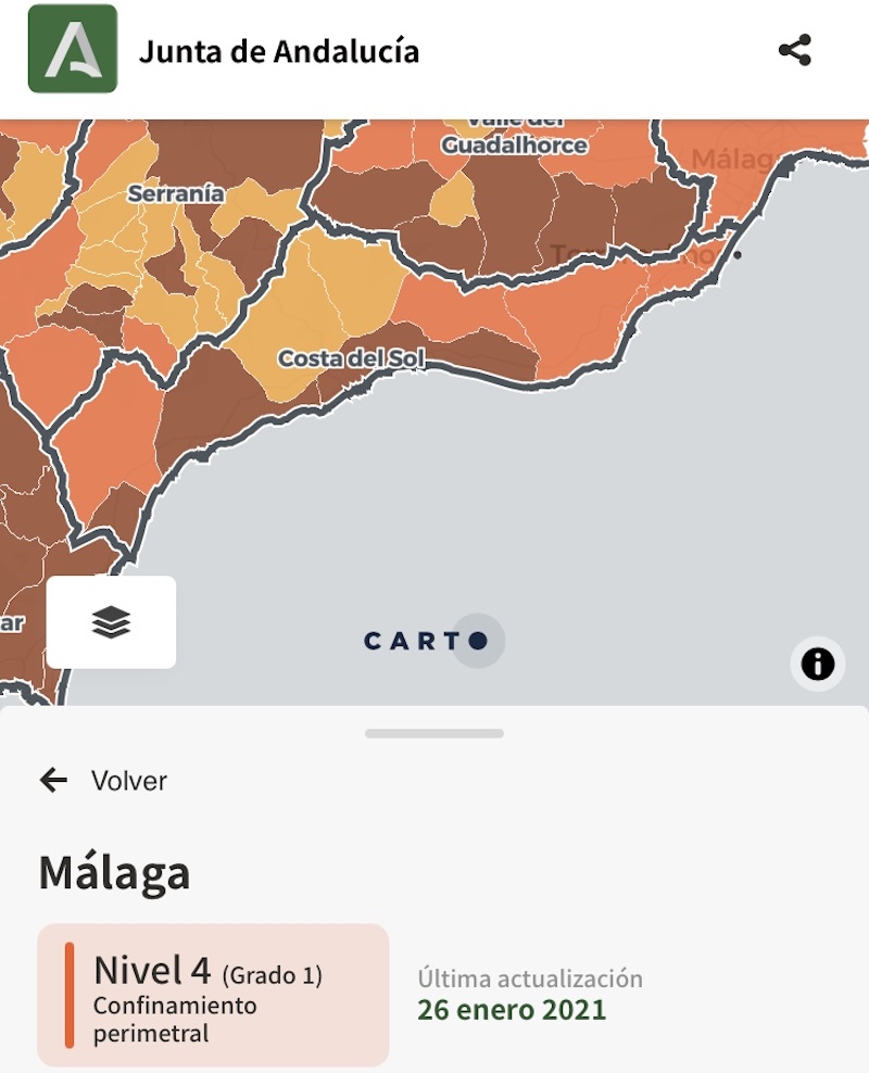 Mapa Andalusie a úrovní opatření