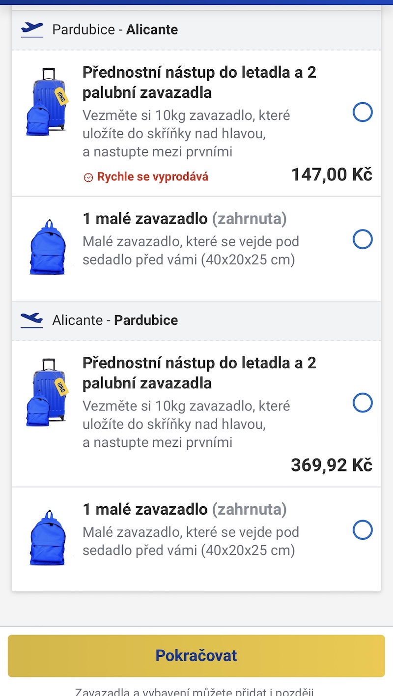 The same flight before booking: different baggage prices, shown in Czech koruna