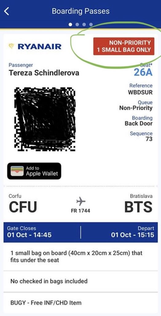 Ryanair boarding pass - vpravo nahoře vidíte, na co máte nárok