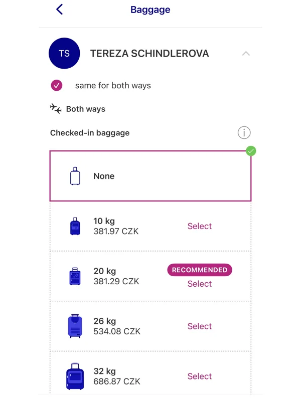 Porovnanie cien podanej batožiny v aplikácii Wizz Air