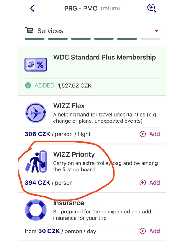 Moja ponuka ceny WIZZ Priority v aplikácii