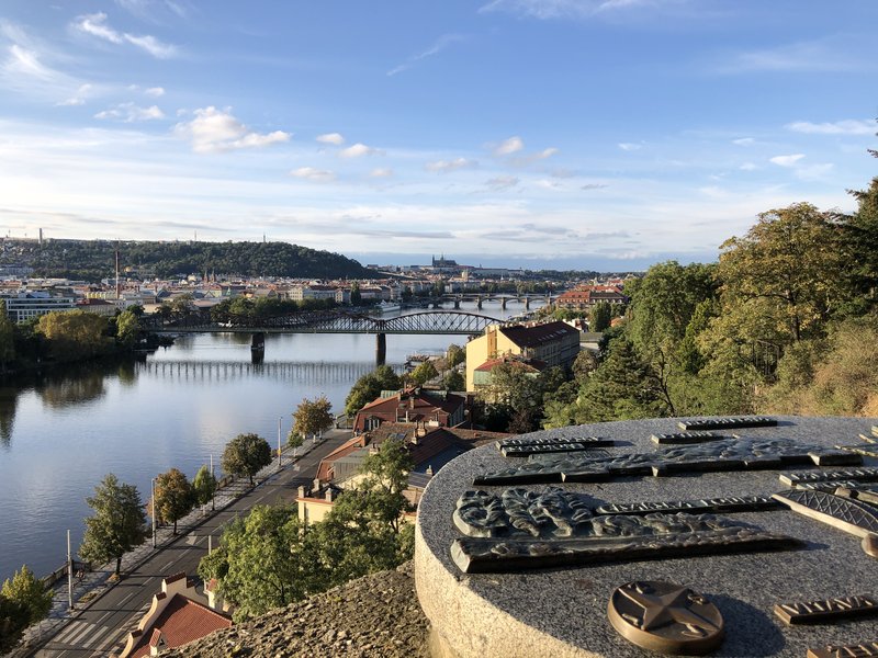 View from Vyšehrad over the Vltava, railway bridge and Prague Castle